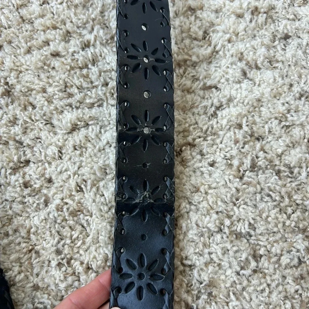 Vintage Bonded Leather Flower Printed Black Belt Size Large